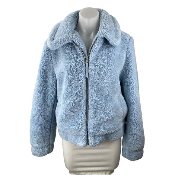 Gap Blue Sherpa Fleece Wide Collar Full Zip Long Sleeve Bomber Coat Jacket Sz S - Picture 1 of 5